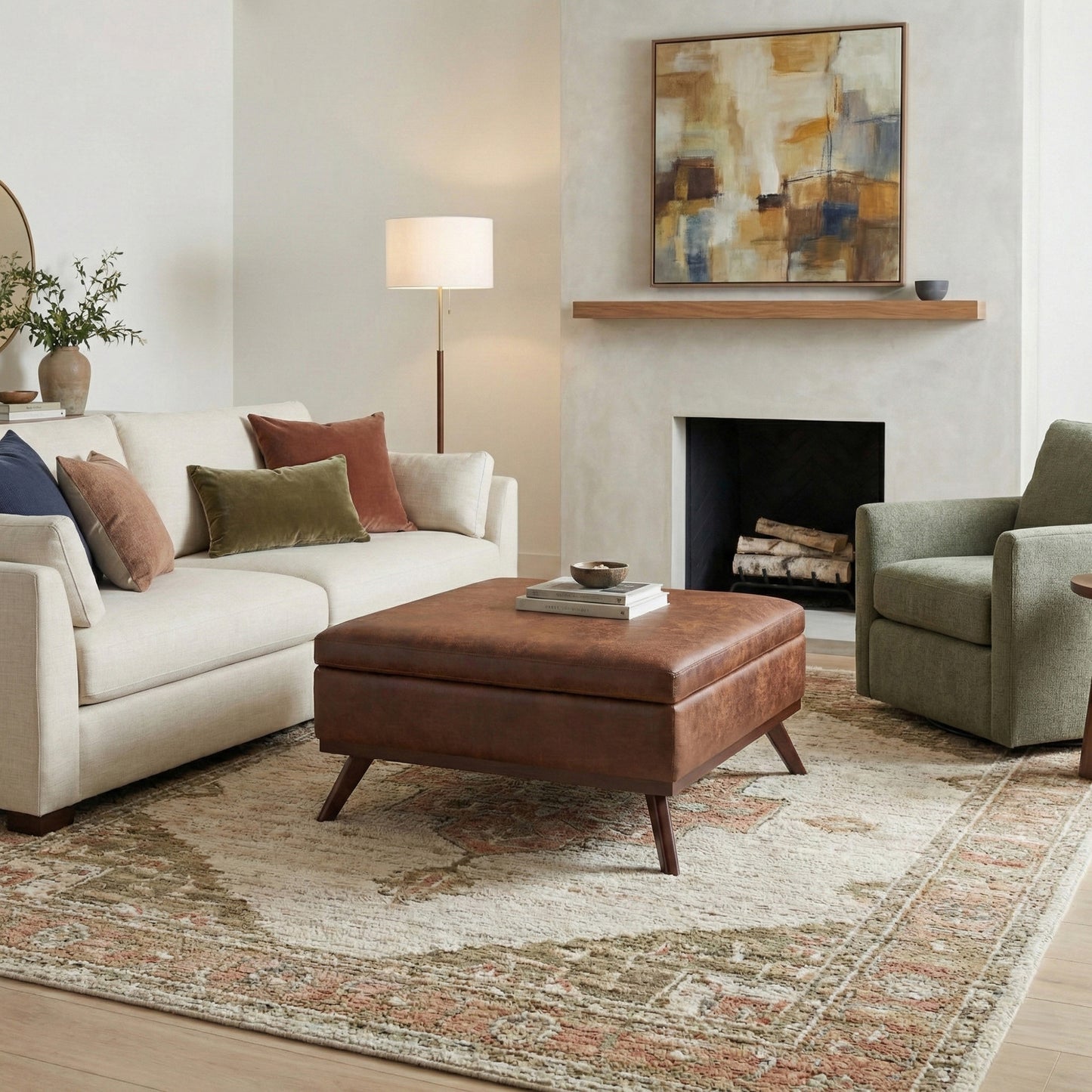 Distressed Saddle Brown Distressed Vegan Leather | Owen Medium Square Table Ottoman in Distressed Vegan Leather