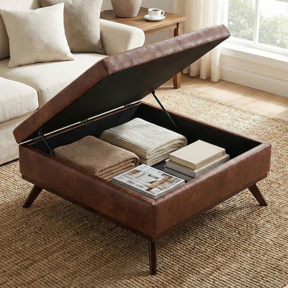 Distressed Saddle Brown Distressed Vegan Leather | Owen Medium Square Table Ottoman in Distressed Vegan Leather
