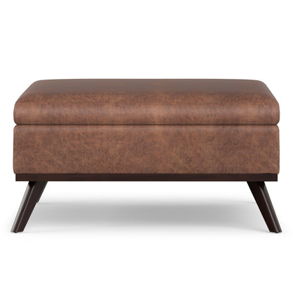Distressed Saddle Brown Distressed Vegan Leather | Owen Medium Square Table Ottoman in Distressed Vegan Leather