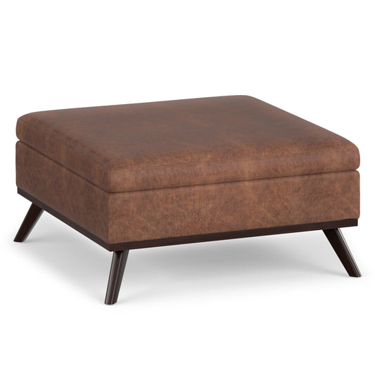 Distressed Saddle Brown Distressed Vegan Leather | Owen Medium Square Table Ottoman in Distressed Vegan Leather