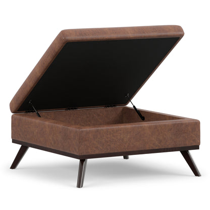 Distressed Saddle Brown Distressed Vegan Leather | Owen Medium Square Table Ottoman in Distressed Vegan Leather