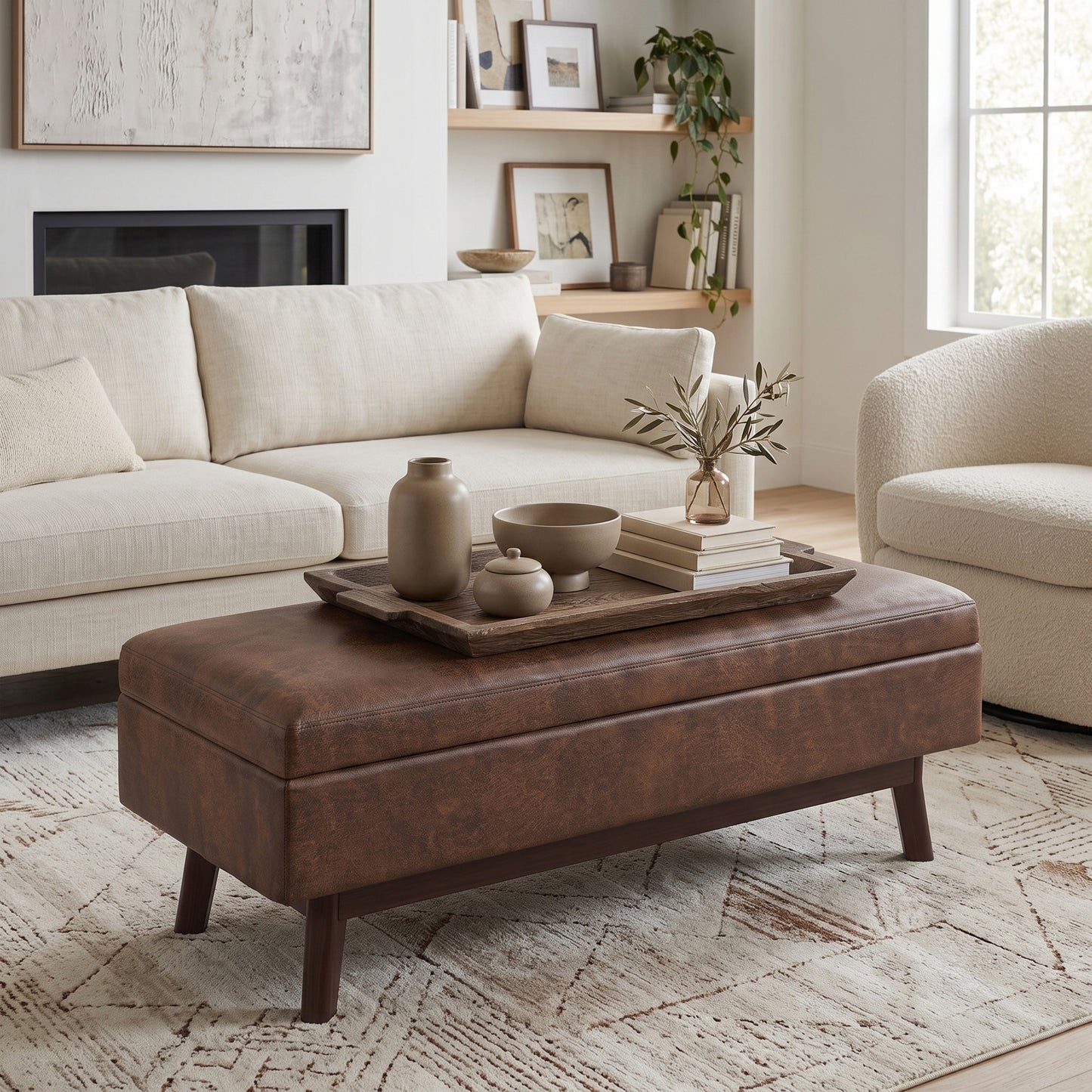 Distressed Chestnut Brown Distressed Vegan Leather | Owen Rectangular Table Ottoman in Distressed Vegan Leather