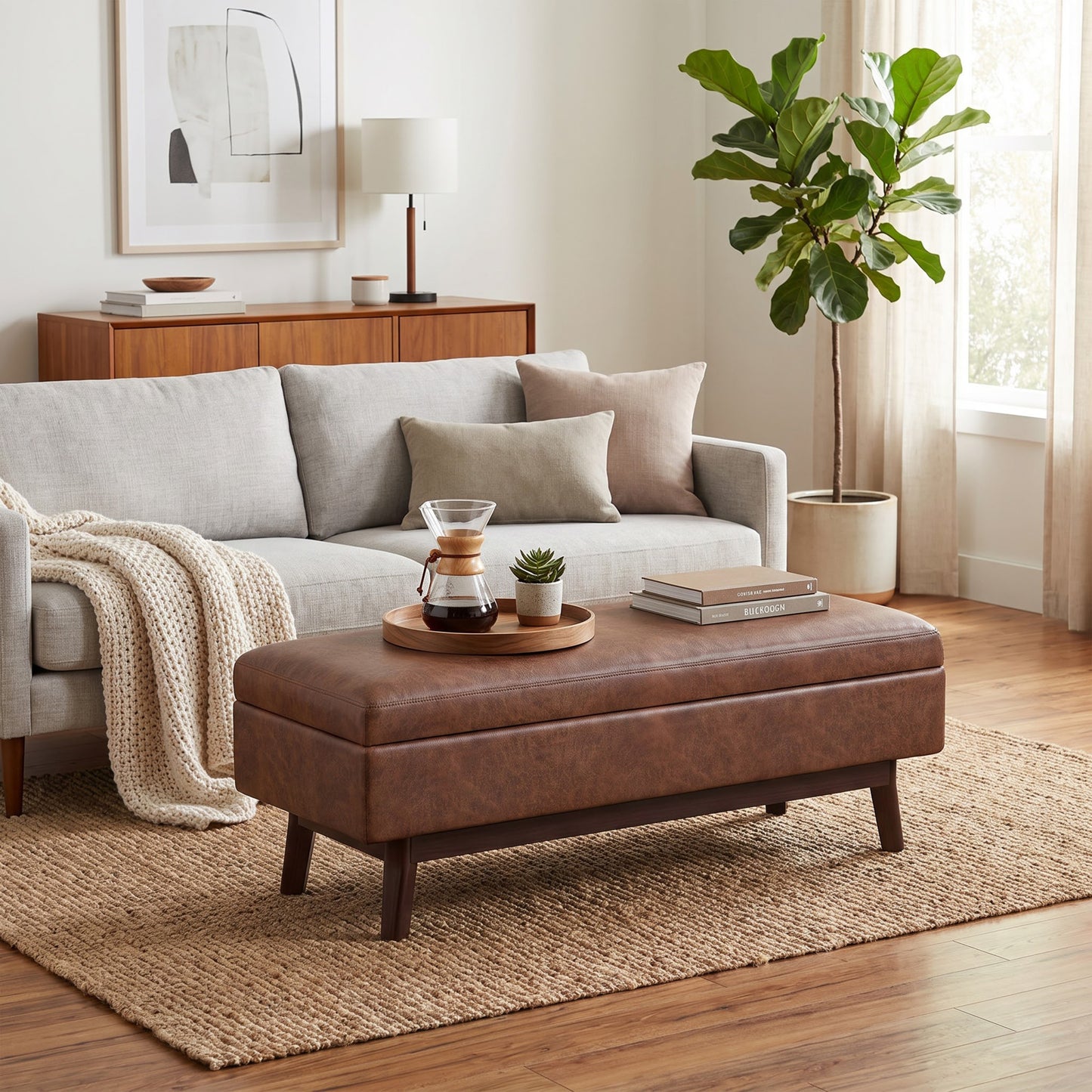 Distressed Saddle Brown Distressed Vegan Leather | Owen Rectangular Table Ottoman in Distressed Vegan Leather