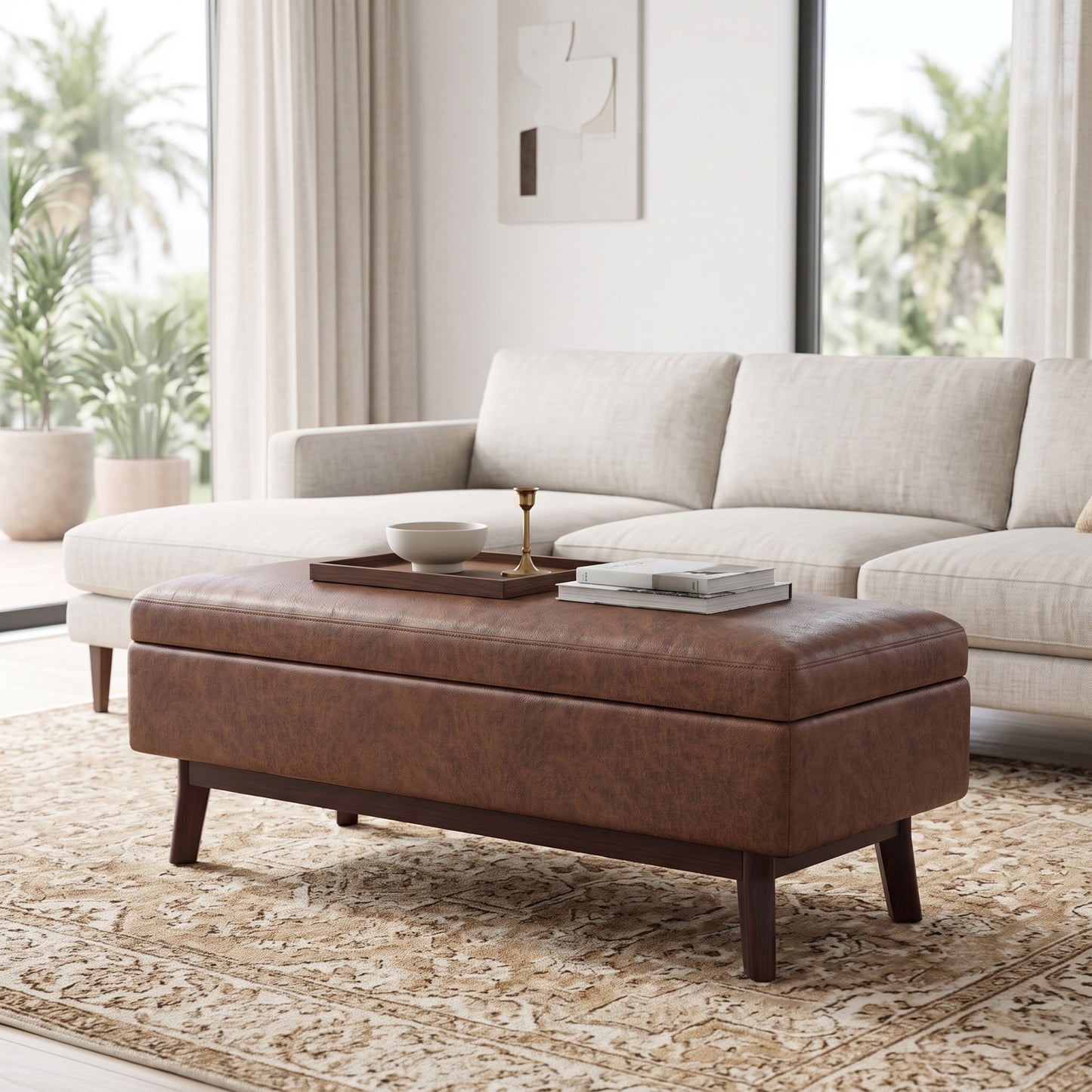 Distressed Saddle Brown Distressed Vegan Leather | Owen Rectangular Table Ottoman in Distressed Vegan Leather
