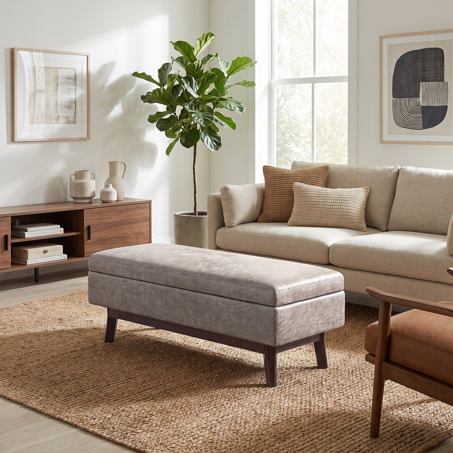 Distressed Grey Taupe Distressed Vegan Leather | Owen Rectangular Table Ottoman in Distressed Vegan Leather