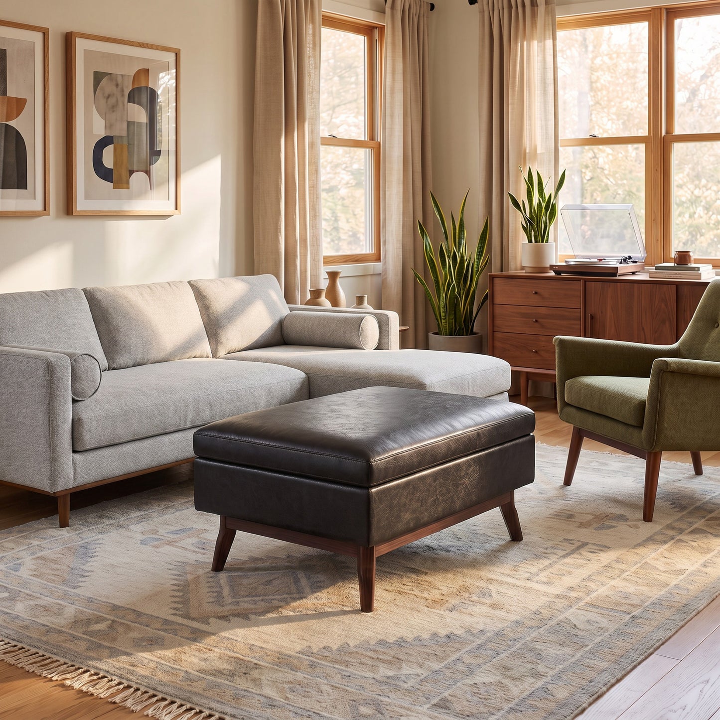 Distressed Black Distressed Vegan Leather | Owen Small Coffee Table Ottoman in Distressed Vegan Leather