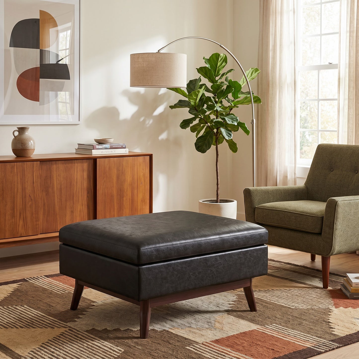 Distressed Black Distressed Vegan Leather | Owen Small Coffee Table Ottoman in Distressed Vegan Leather