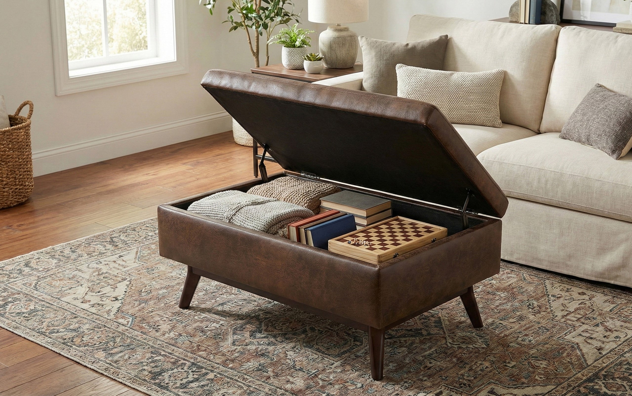 Distressed Chestnut Brown Distressed Vegan Leather | Owen Small Coffee Table Ottoman in Distressed Vegan Leather