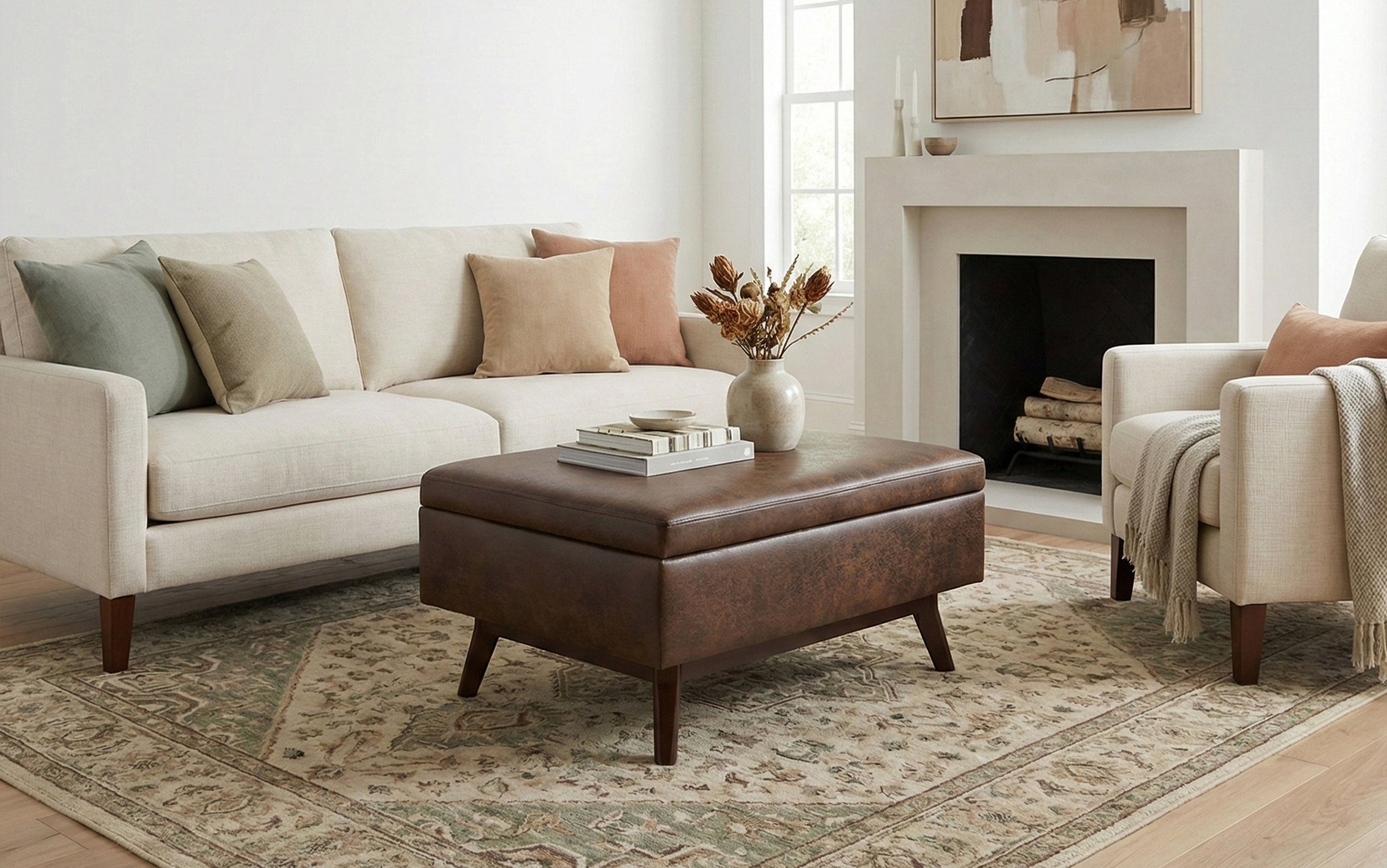 Distressed Chestnut Brown Distressed Vegan Leather | Owen Small Coffee Table Ottoman in Distressed Vegan Leather