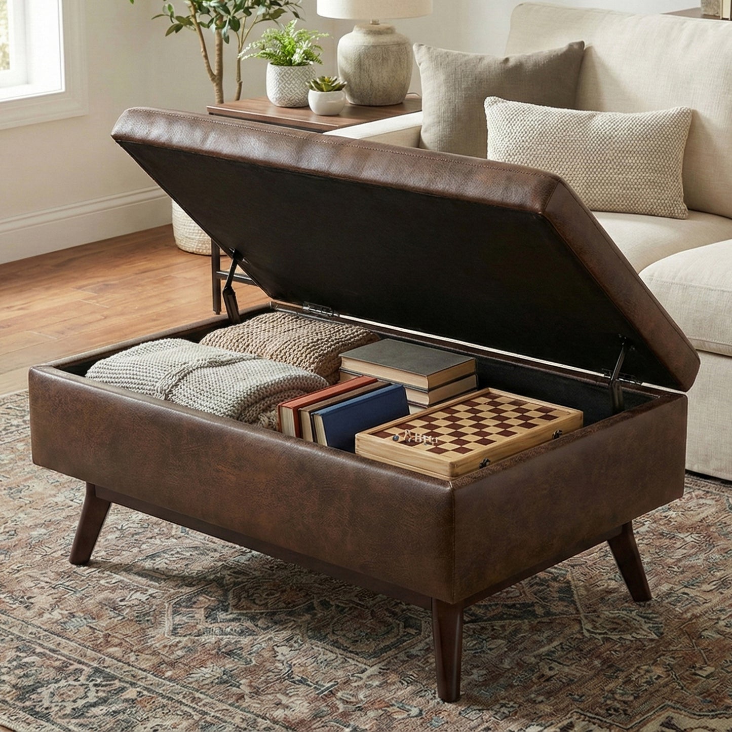 Distressed Chestnut Brown Distressed Vegan Leather | Owen Small Coffee Table Ottoman in Distressed Vegan Leather