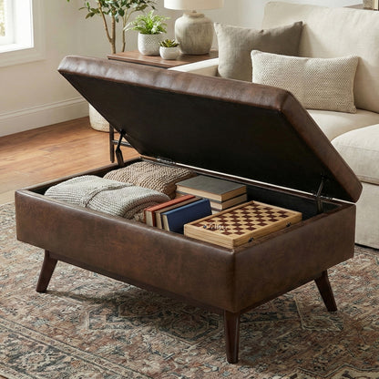 Distressed Chestnut Brown Distressed Vegan Leather | Owen Small Coffee Table Ottoman in Distressed Vegan Leather