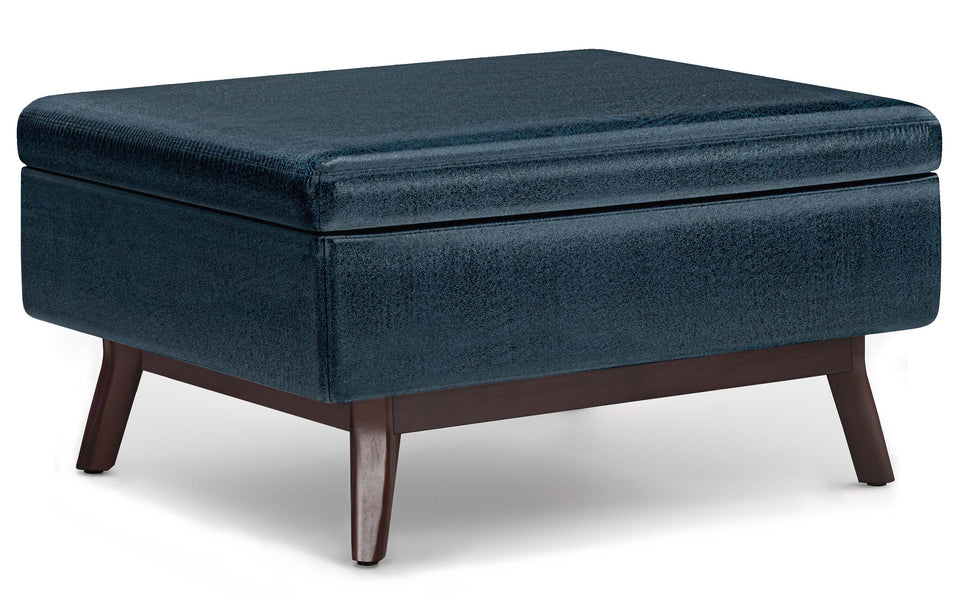 Distressed Dark Blue Distressed Vegan Leather |  Owen Small Coffee Table Ottoman in Distressed Vegan Leather