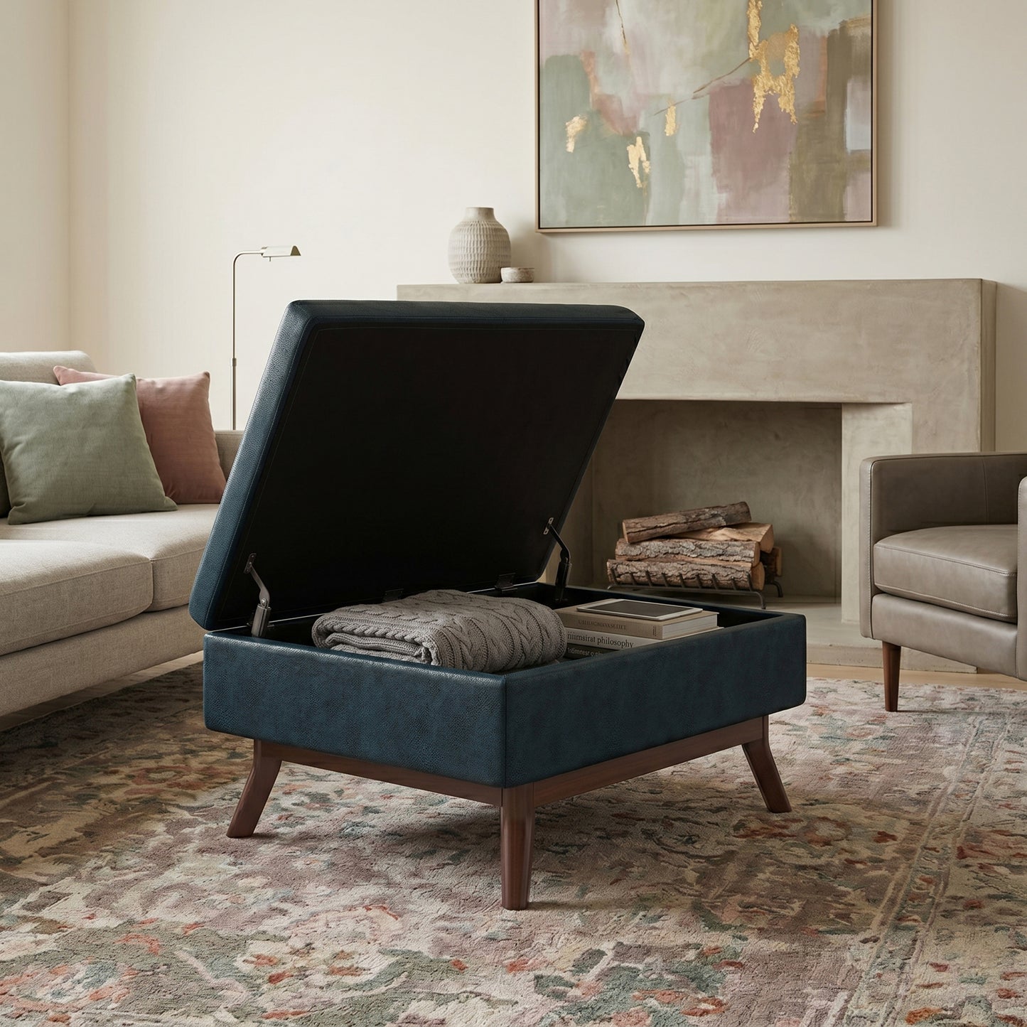 Distressed Dark Blue Distressed Vegan Leather | Owen Small Coffee Table Ottoman in Distressed Vegan Leather