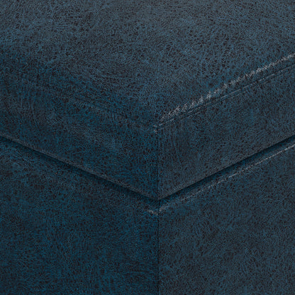 Distressed Dark Blue Distressed Vegan Leather | Owen Small Coffee Table Ottoman in Distressed Vegan Leather