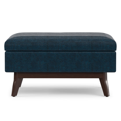 Distressed Dark Blue Distressed Vegan Leather | Owen Small Coffee Table Ottoman in Distressed Vegan Leather