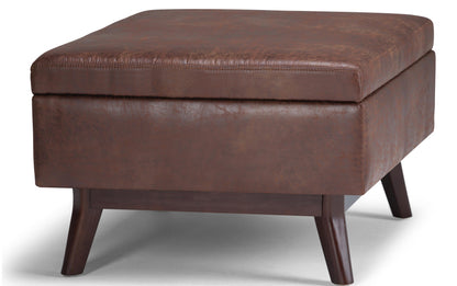 Distressed Saddle Brown Distressed Vegan Leather | Owen Small Coffee Table Ottoman in Distressed Vegan Leather