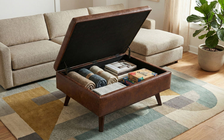 Distressed Saddle Brown Distressed Vegan Leather | Owen Small Coffee Table Ottoman in Distressed Vegan Leather