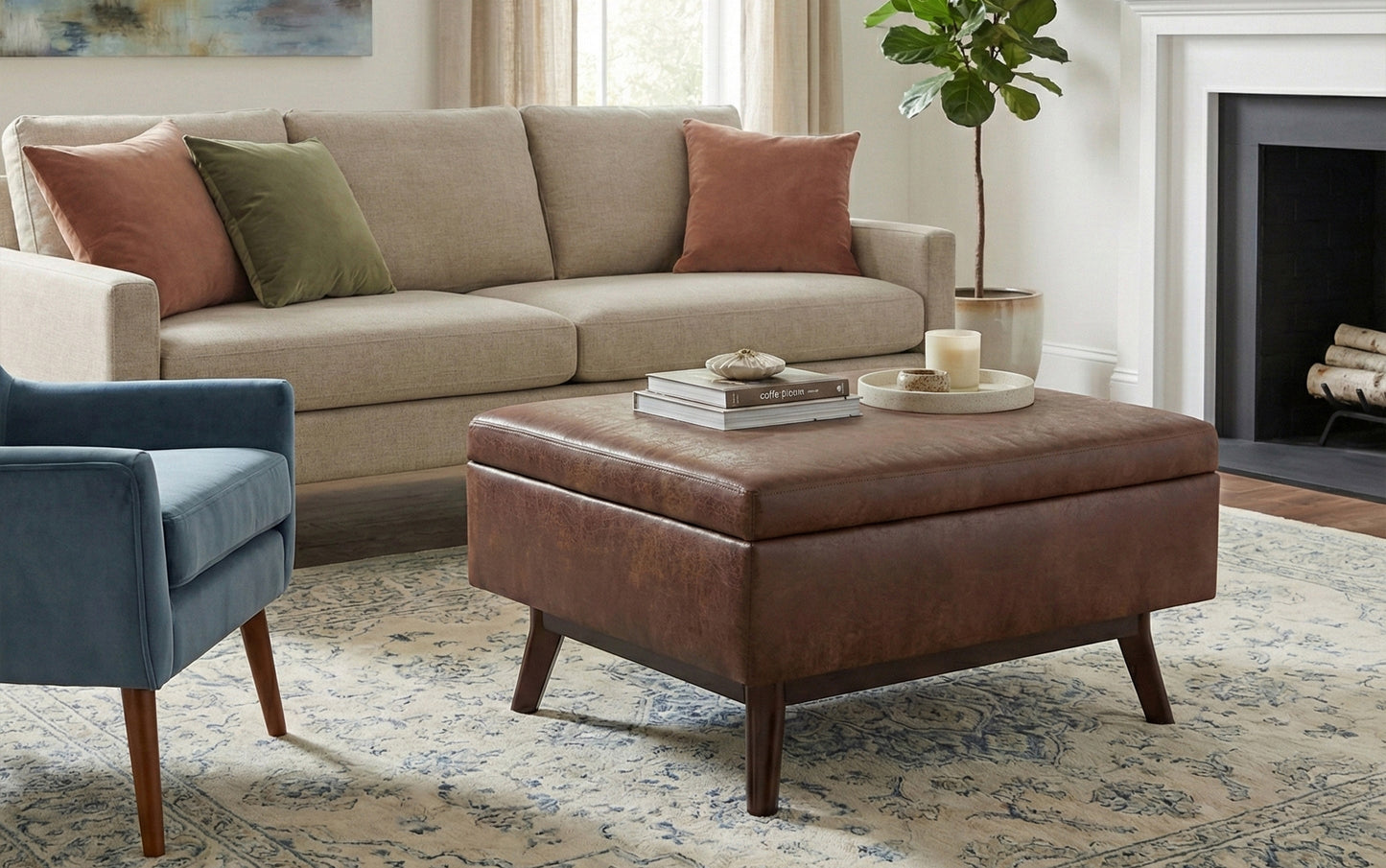 Distressed Saddle Brown Distressed Vegan Leather | Owen Small Coffee Table Ottoman in Distressed Vegan Leather