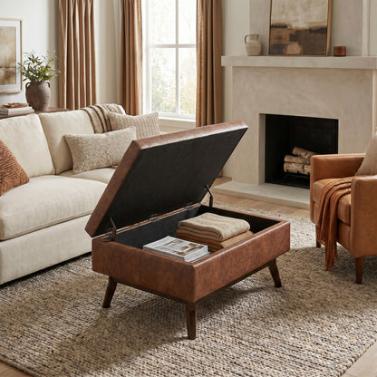 Distressed Saddle Brown Distressed Vegan Leather | Owen Small Coffee Table Ottoman in Distressed Vegan Leather