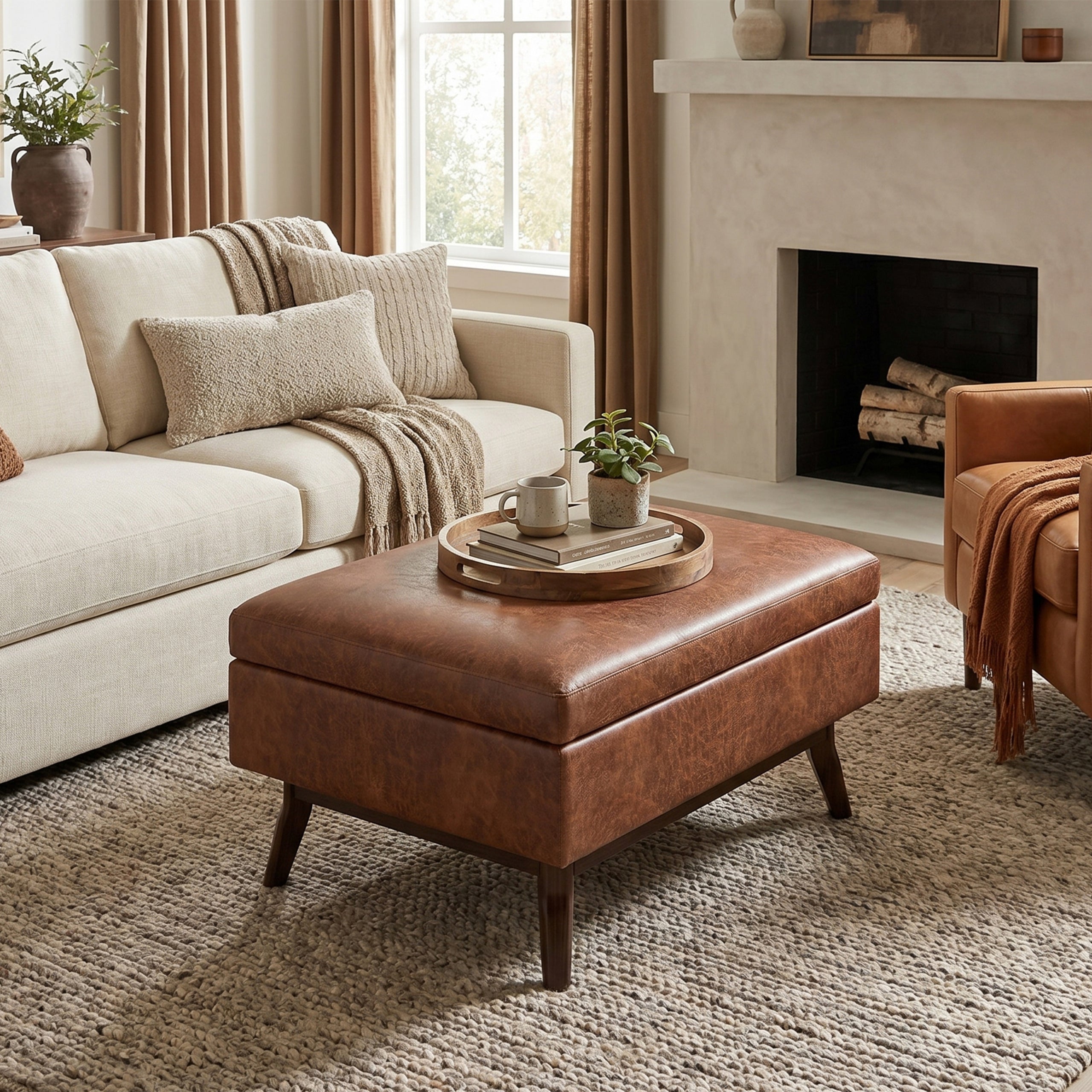 Distressed Saddle Brown Distressed Vegan Leather | Owen Small Coffee Table Ottoman in Distressed Vegan Leather