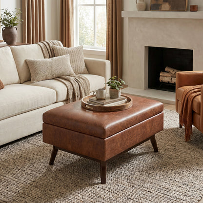 Distressed Saddle Brown Distressed Vegan Leather | Owen Small Coffee Table Ottoman in Distressed Vegan Leather