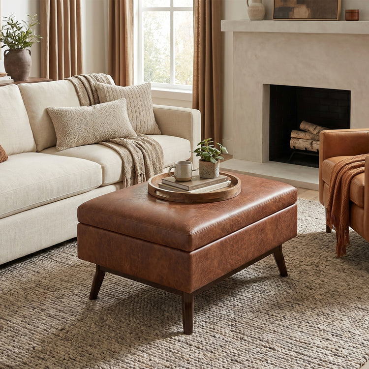 Distressed Saddle Brown Distressed Vegan Leather | Owen Small Coffee Table Ottoman in Distressed Vegan Leather