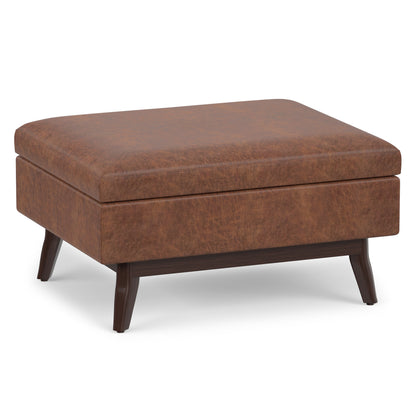 Distressed Saddle Brown Distressed Vegan Leather | Owen Small Coffee Table Ottoman in Distressed Vegan Leather