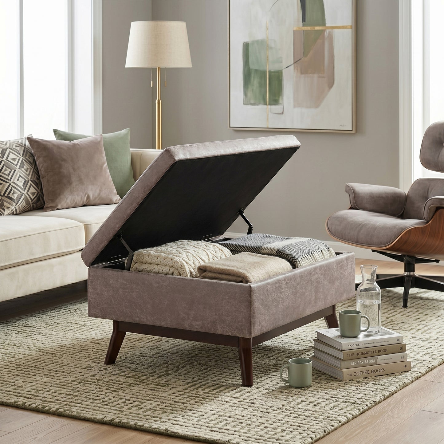 Distressed Grey Taupe Distressed Vegan Leather | Owen Coffee Table Ottoman with Storage