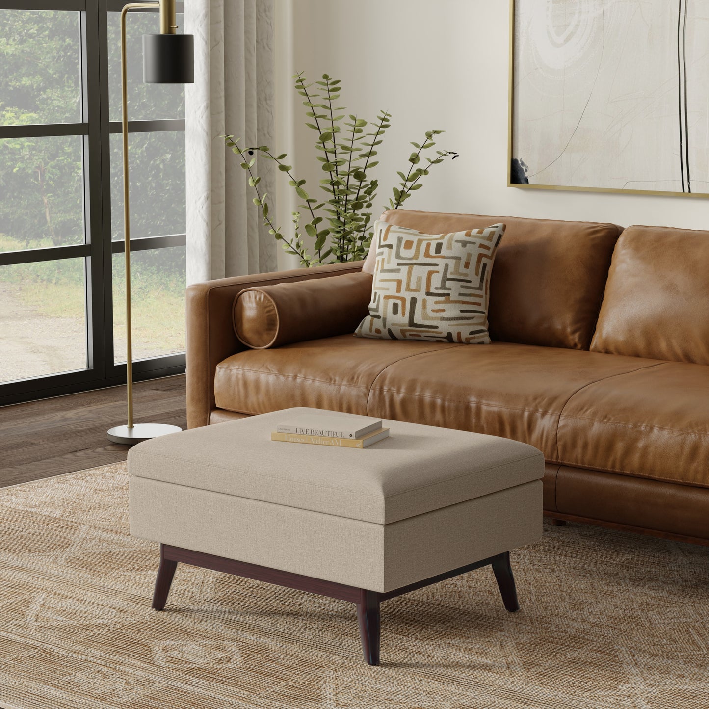 Natural Linen Style Fabric | Owen Small Coffee Table Ottoman in Linen