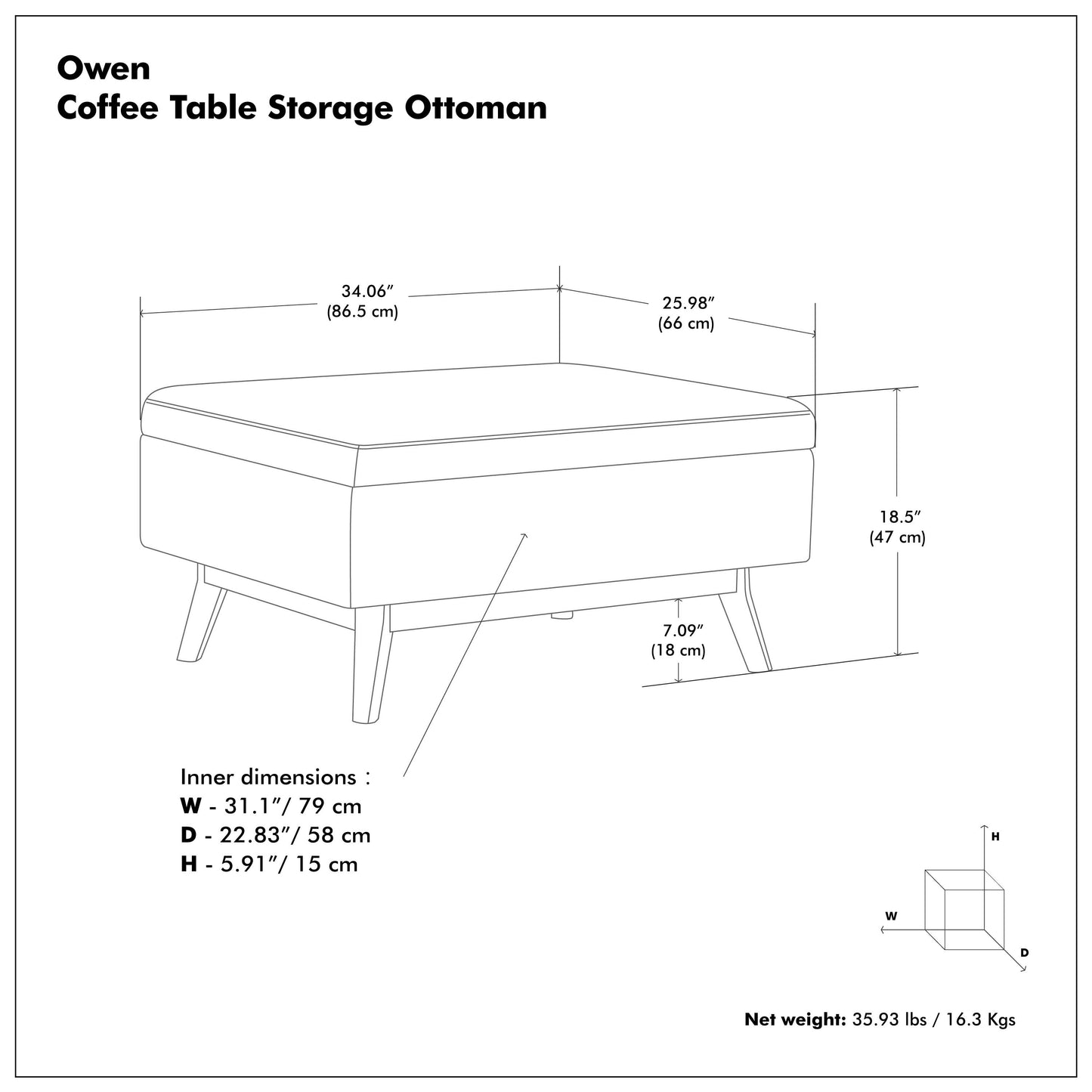 Slate Grey Linen Style Fabric | Owen Small Coffee Table Ottoman in Linen