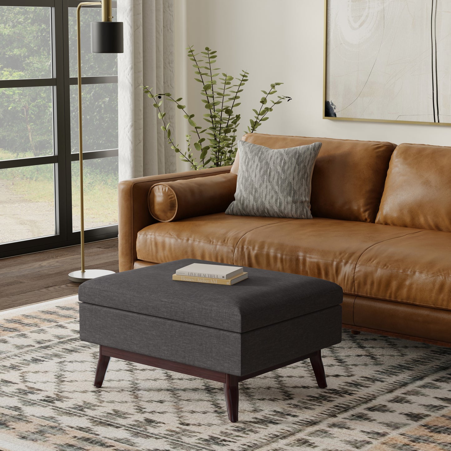 Slate Grey Linen Style Fabric | Owen Small Coffee Table Ottoman in Linen