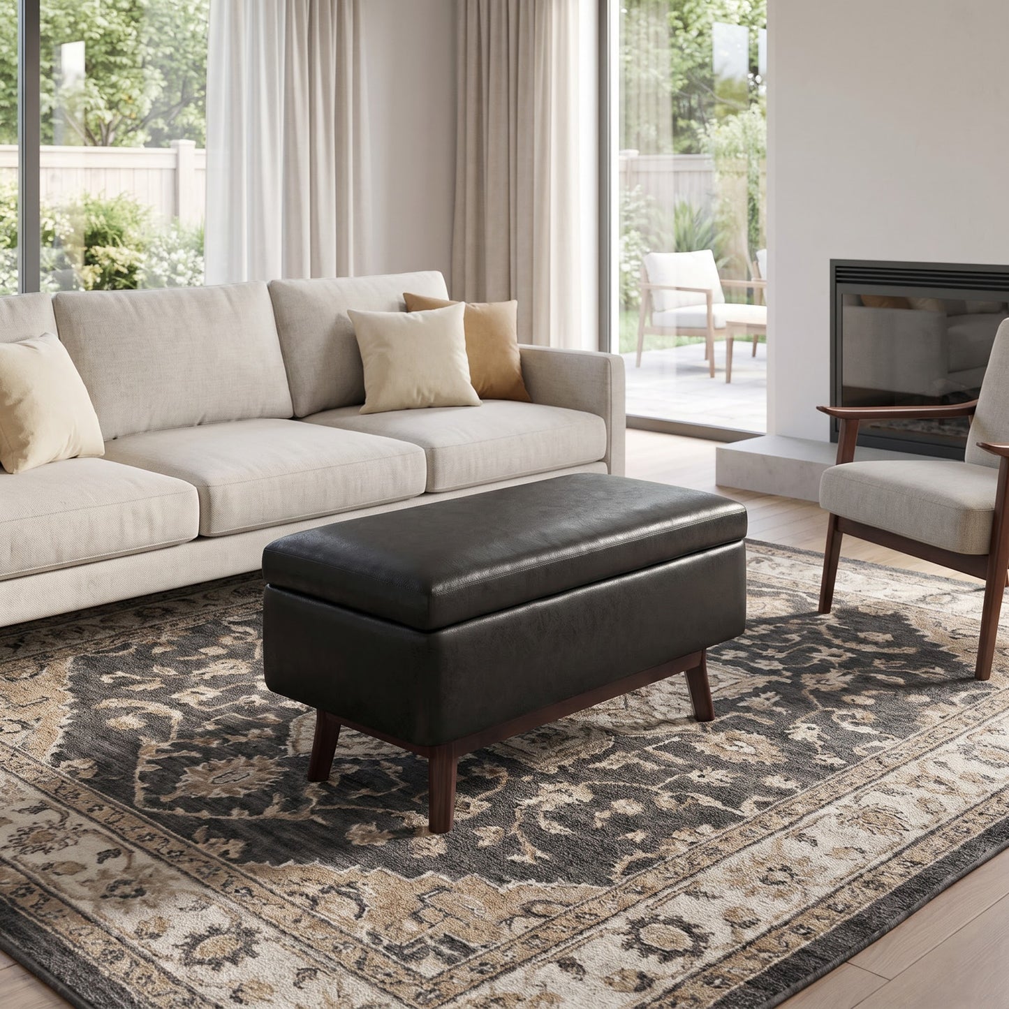 Distressed Black Distressed Vegan Leather | Owen Small Rectangular Storage Ottoman in Distressed Vegan Leather