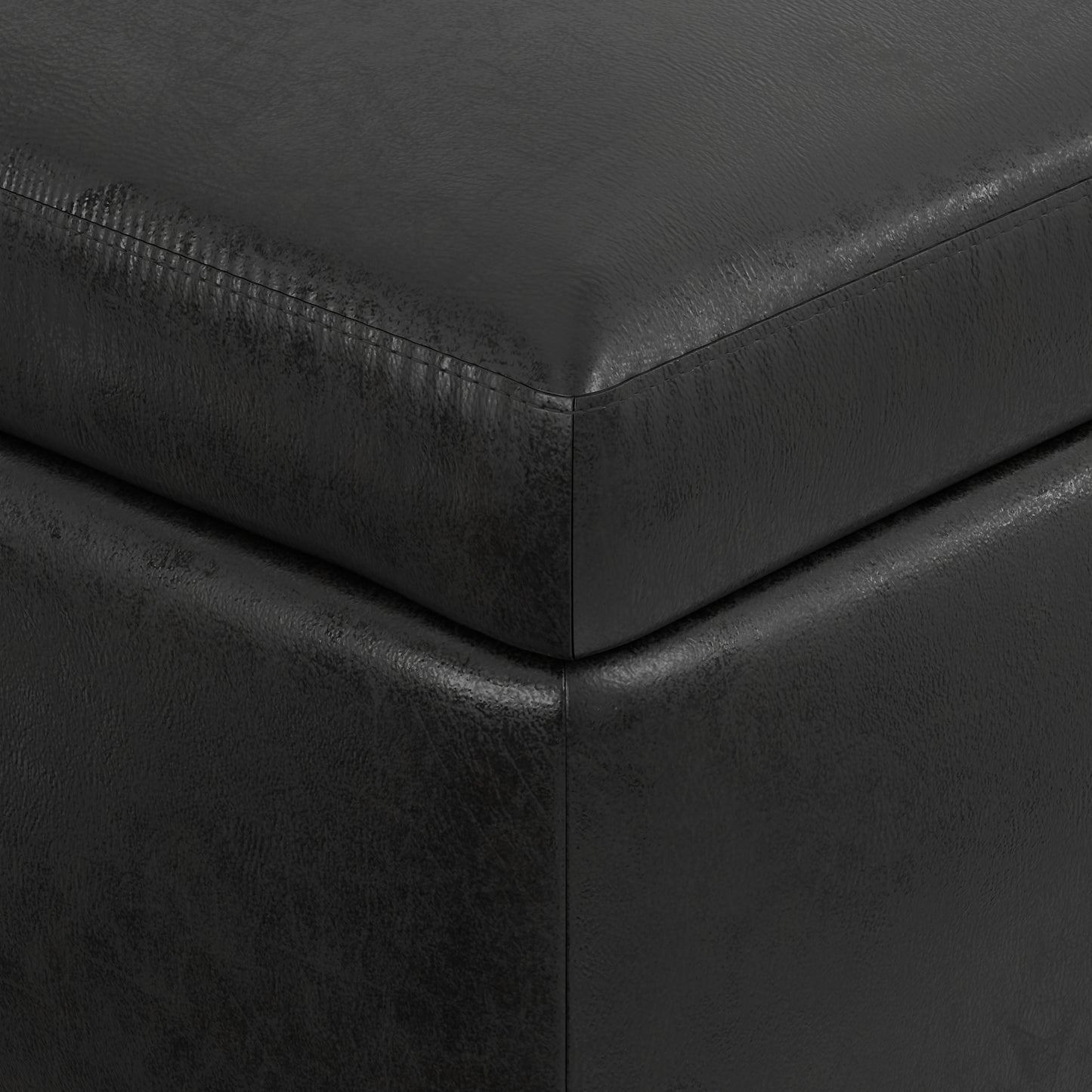 Distressed Black Distressed Vegan Leather | Owen Small Rectangular Storage Ottoman in Distressed Vegan Leather