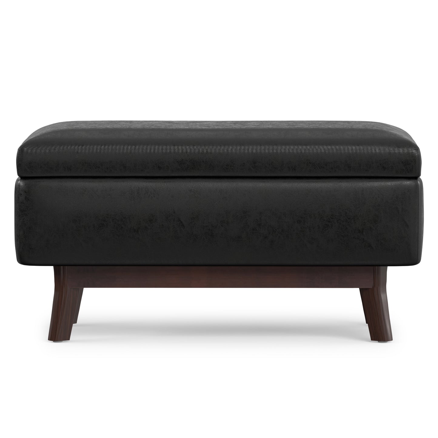 Distressed Black Distressed Vegan Leather | Owen Small Rectangular Storage Ottoman in Distressed Vegan Leather