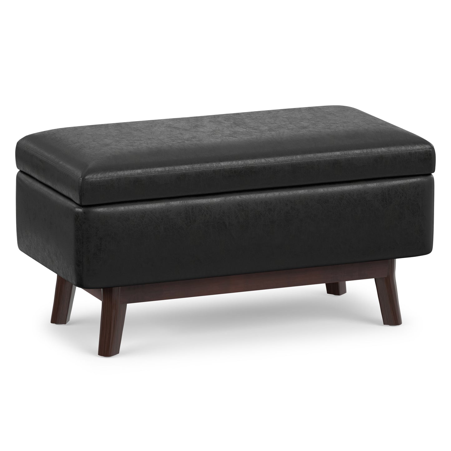 Distressed Black Distressed Vegan Leather | Owen Small Rectangular Storage Ottoman in Distressed Vegan Leather