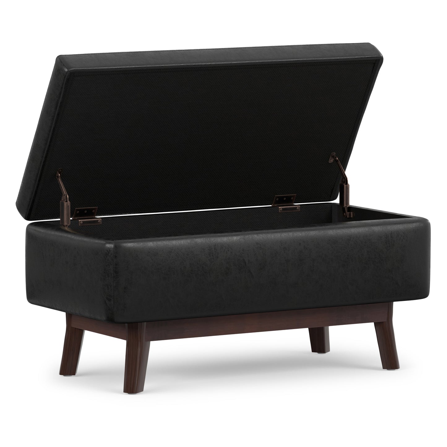 Distressed Black Distressed Vegan Leather | Owen Small Rectangular Storage Ottoman in Distressed Vegan Leather
