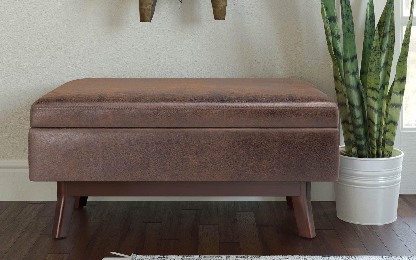 Distressed Chestnut Brown Distressed Vegan Leather | Owen Small Rectangular Storage Ottoman