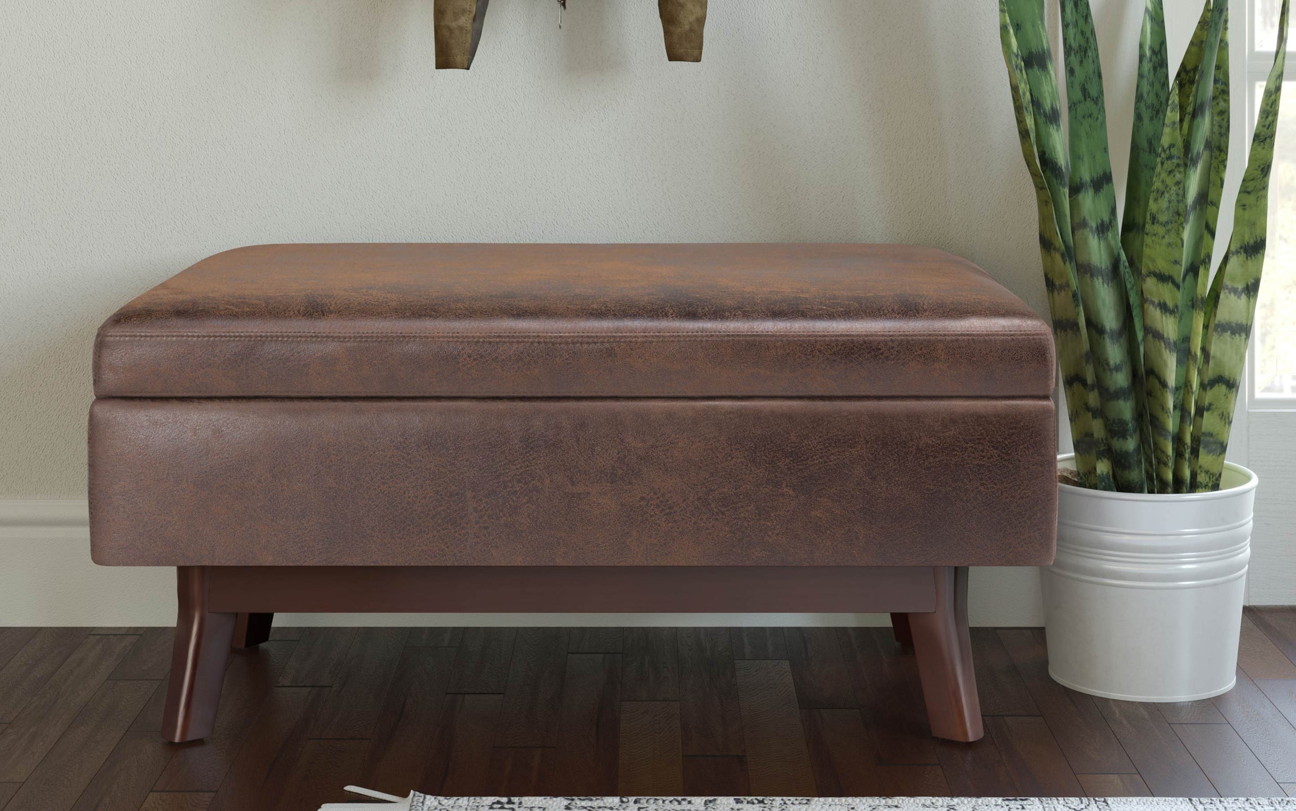 Distressed Chestnut Brown Distressed Vegan Leather | Owen Small Rectangular Storage Ottoman