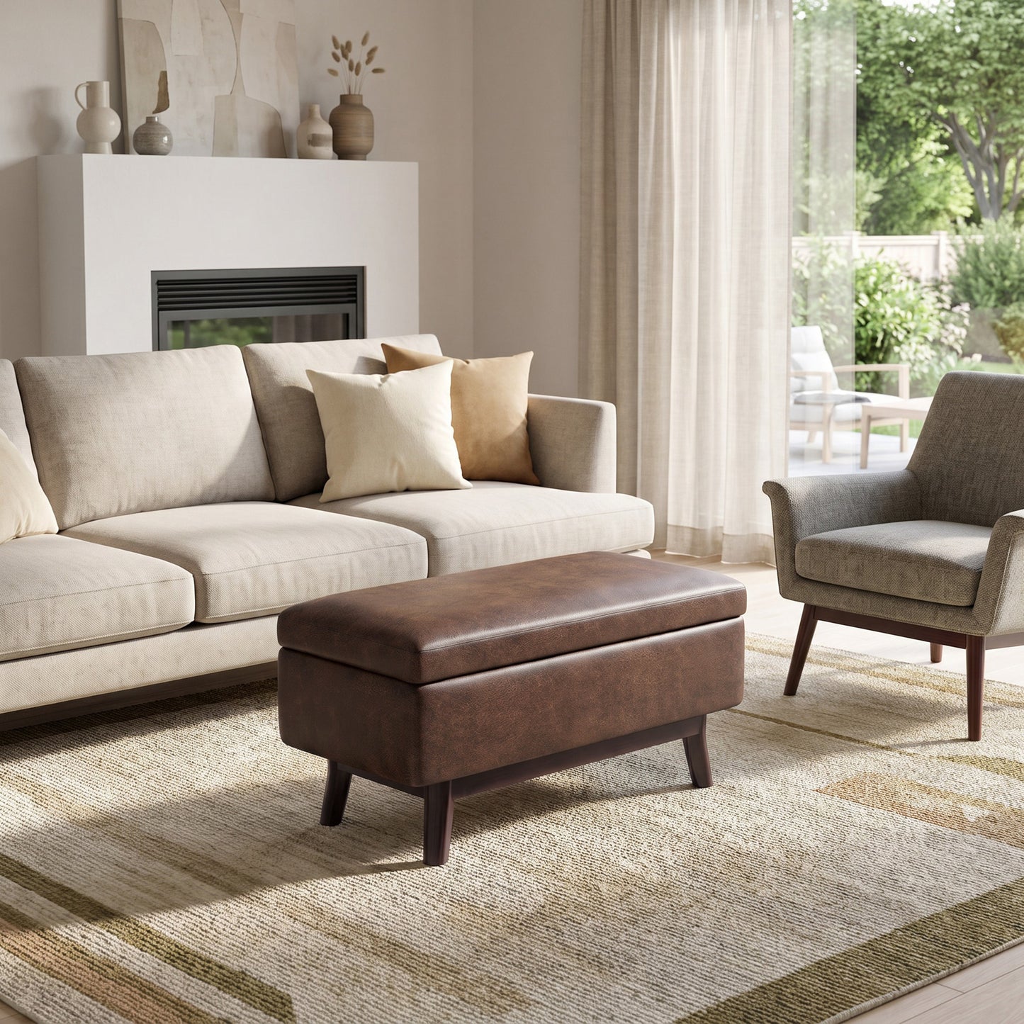 Distressed Chestnut Brown Distressed Vegan Leather | Owen Small Rectangular Storage Ottoman in Distressed Vegan Leather