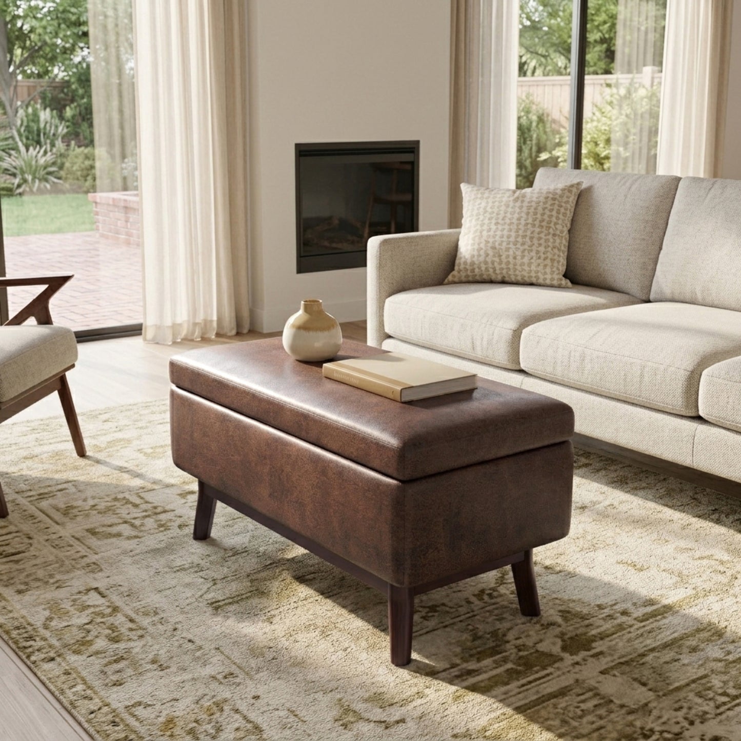 Distressed Chestnut Brown Distressed Vegan Leather | Owen Small Rectangular Storage Ottoman in Distressed Vegan Leather