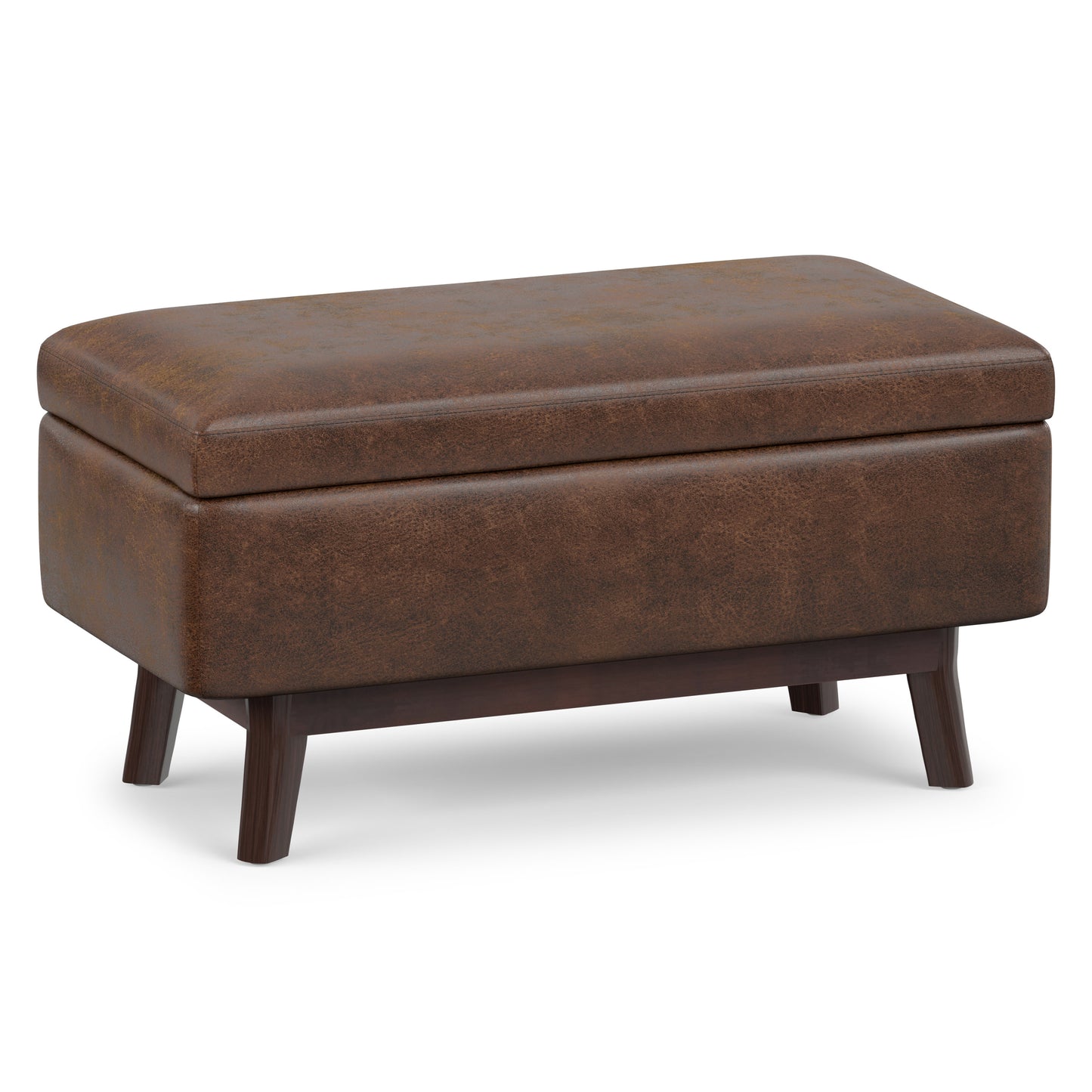 Distressed Chestnut Brown Distressed Vegan Leather | Owen Small Rectangular Storage Ottoman in Distressed Vegan Leather