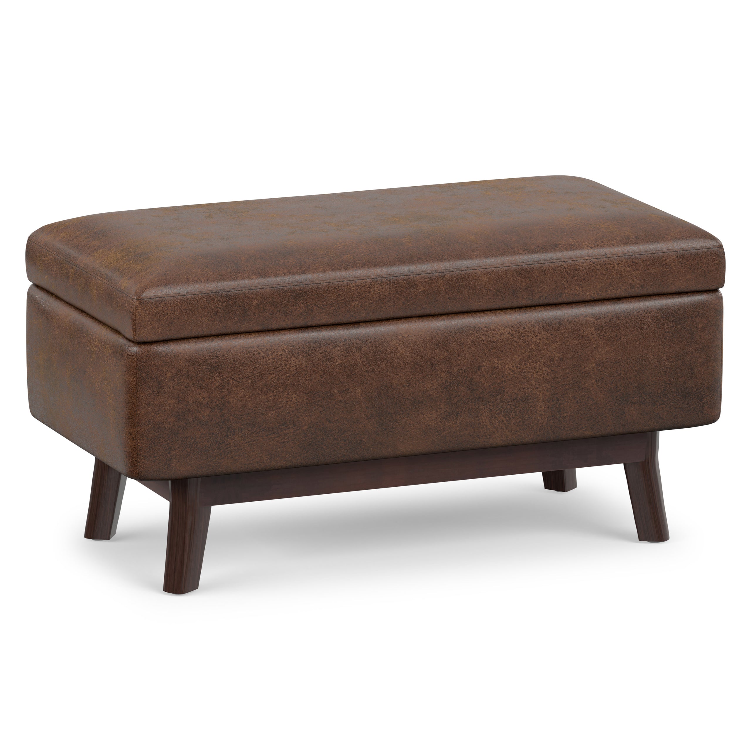 Distressed Chestnut Brown Distressed Vegan Leather | Owen Small Rectangular Storage Ottoman in Distressed Vegan Leather