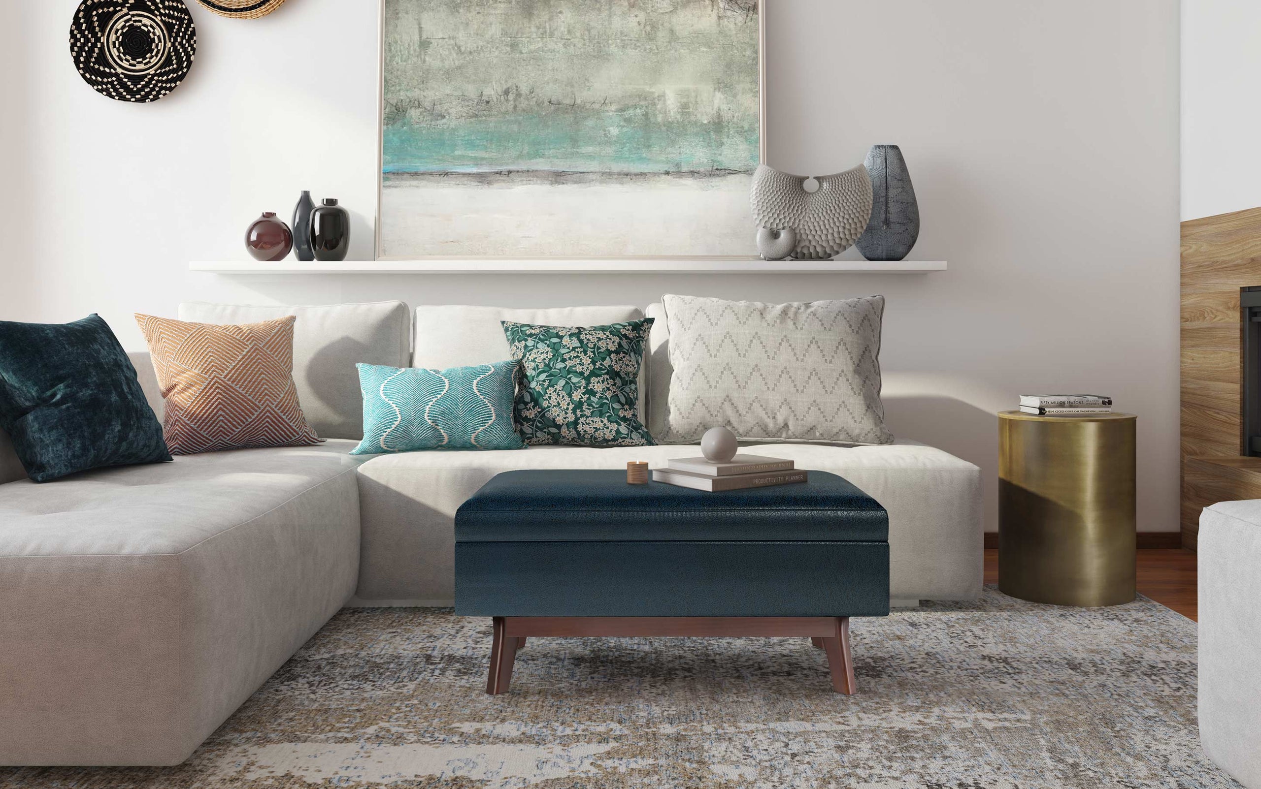 Distressed Dark Blue Distressed Vegan Leather | Owen Small Rectangular Storage Ottoman