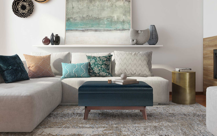 Distressed Dark Blue Distressed Vegan Leather | Owen Small Rectangular Storage Ottoman