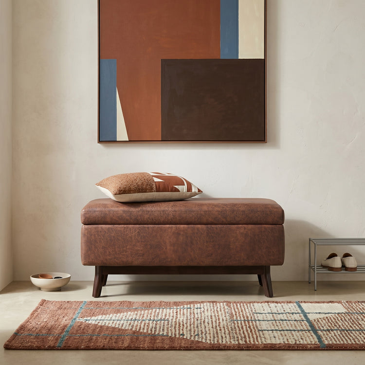 Distressed Saddle Brown Distressed Vegan Leather | Owen Small Rectangular Storage Ottoman in Distressed Vegan Leather