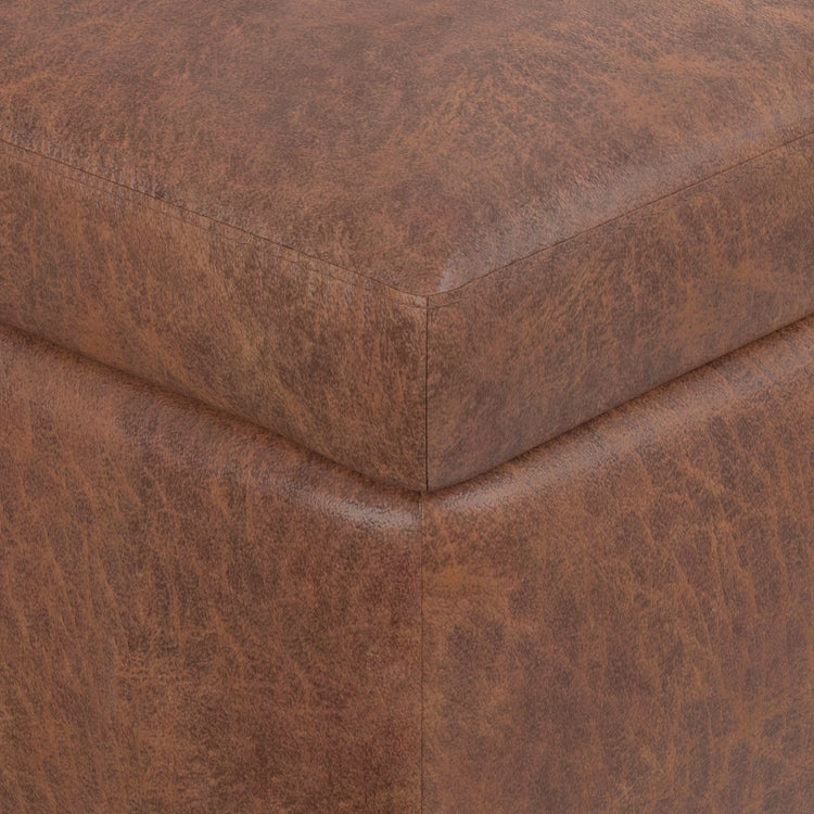 Distressed Saddle Brown Distressed Vegan Leather | Owen Small Rectangular Storage Ottoman in Distressed Vegan Leather