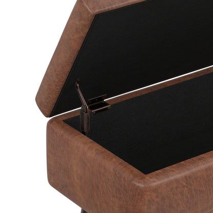 Distressed Saddle Brown Distressed Vegan Leather | Owen Small Rectangular Storage Ottoman in Distressed Vegan Leather