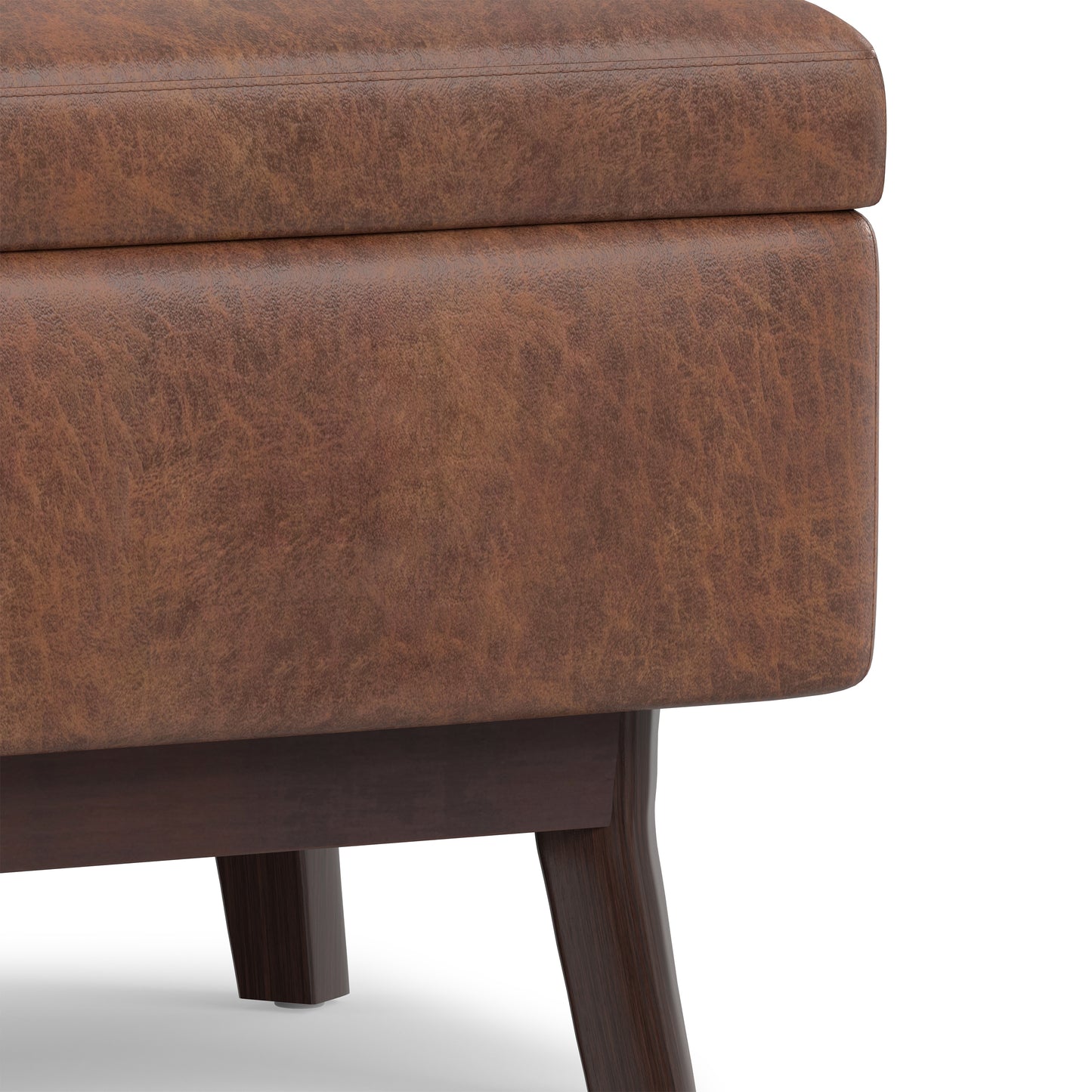 Distressed Saddle Brown Distressed Vegan Leather | Owen Small Rectangular Storage Ottoman in Distressed Vegan Leather