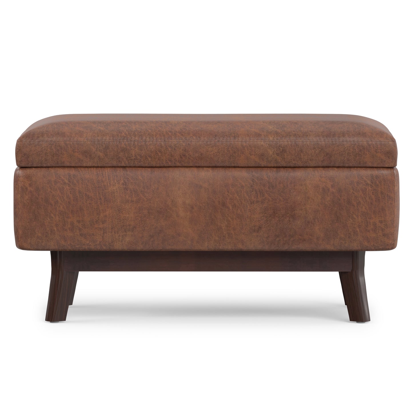 Distressed Saddle Brown Distressed Vegan Leather | Owen Small Rectangular Storage Ottoman in Distressed Vegan Leather