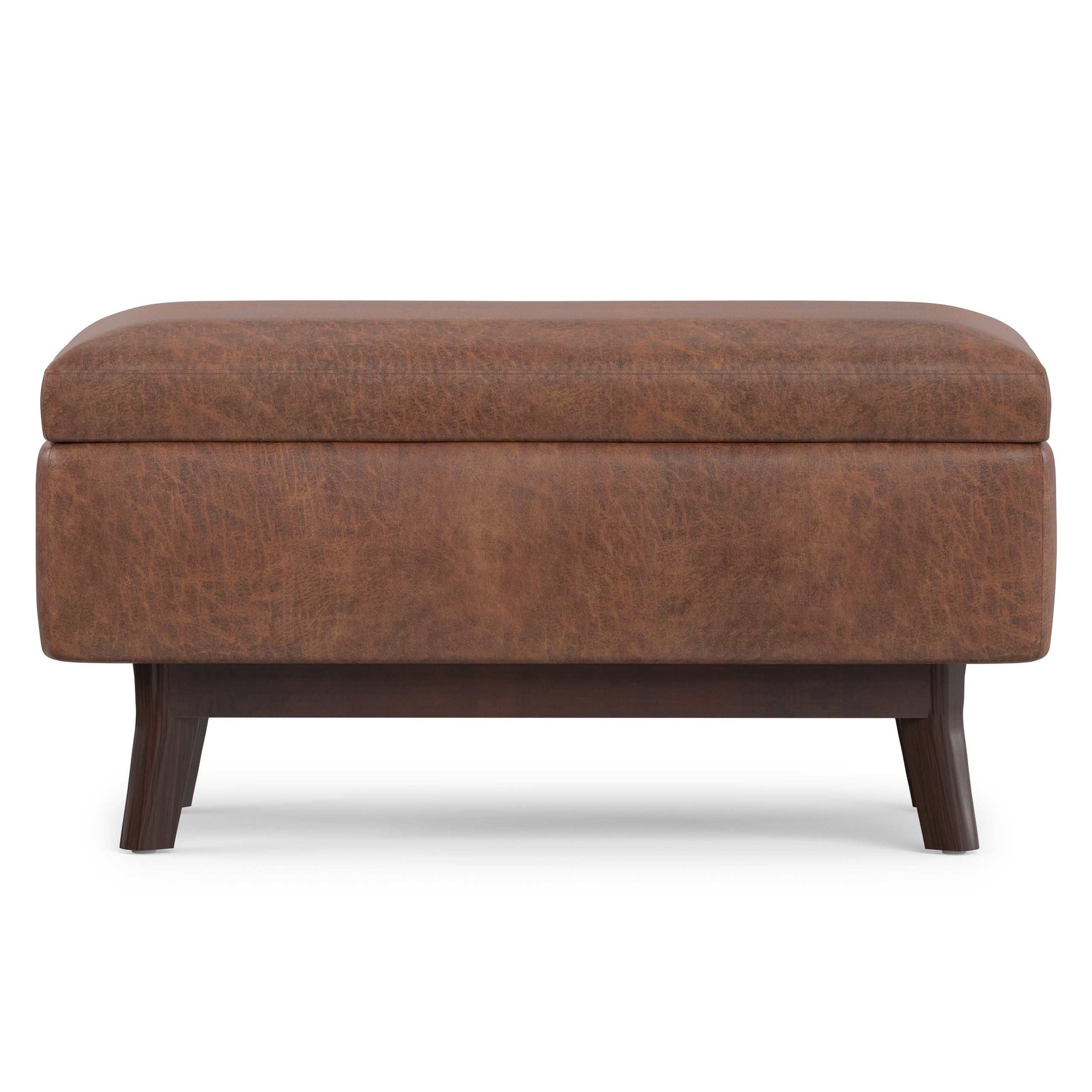 Distressed Saddle Brown Distressed Vegan Leather | Owen Small Rectangular Storage Ottoman in Distressed Vegan Leather